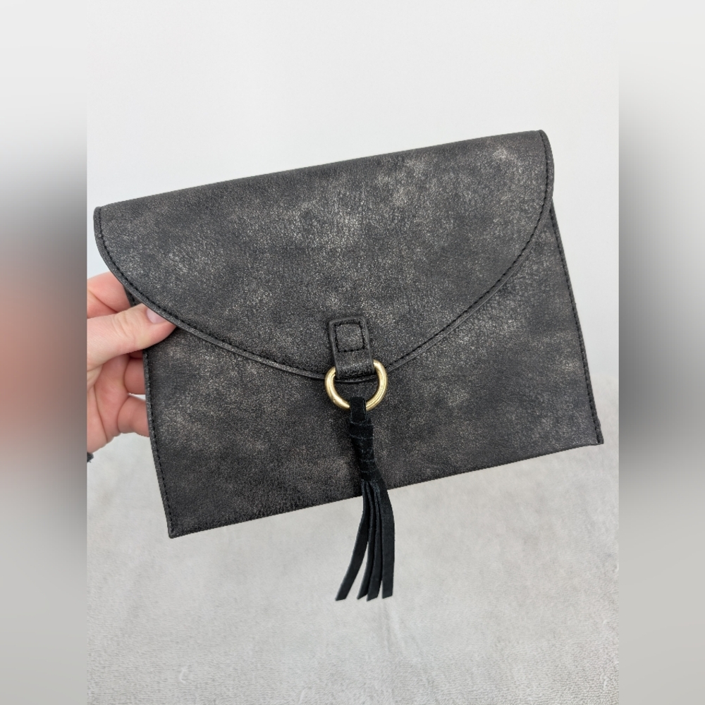 Anthropologie Metallic Envelope Clutch Magnetic Closure Faux Leather Tassel - Picture 5 of 5